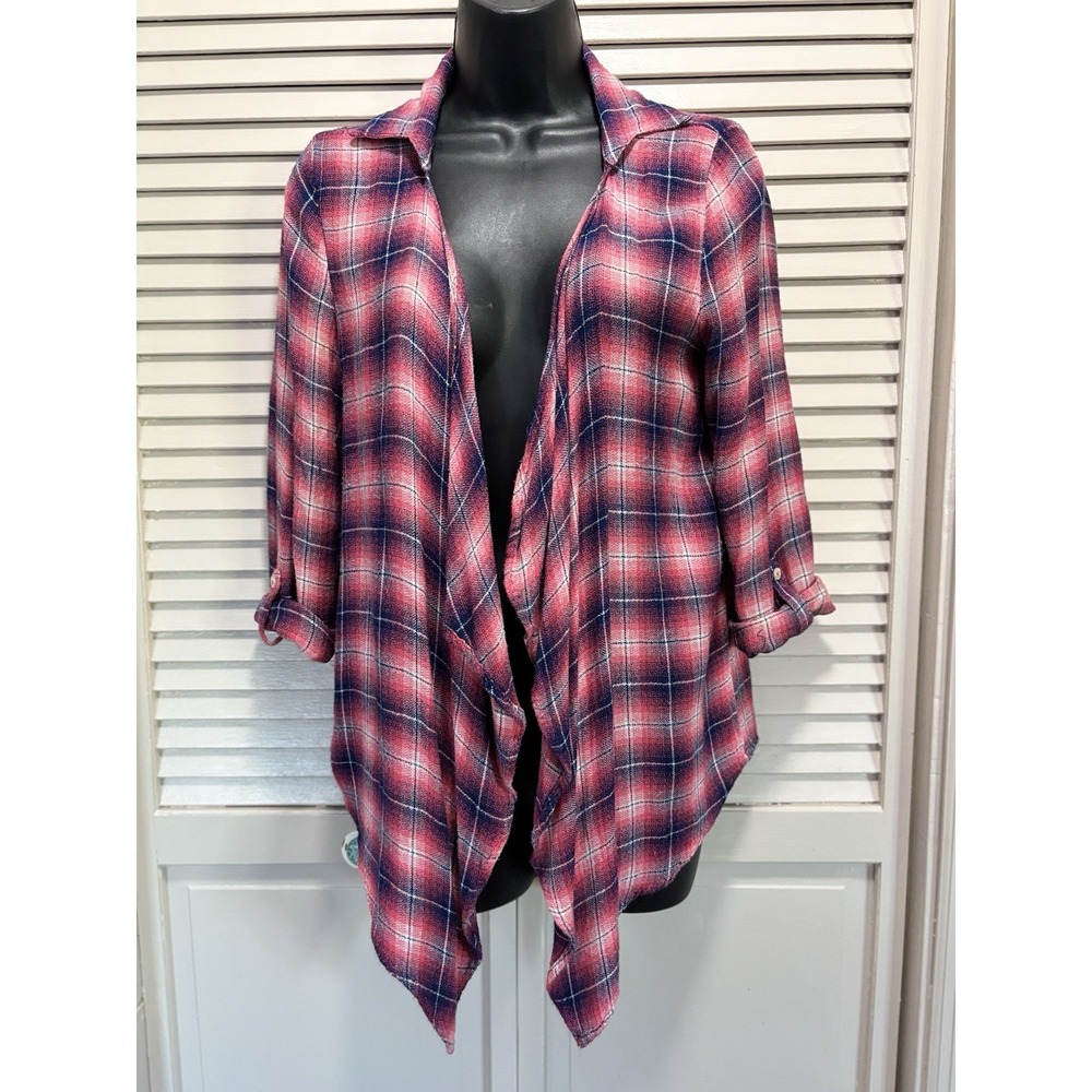 Aeropostale Flannel Pink/Black Open Long Tab Sleeve Shirt Size Small Shawl Neck